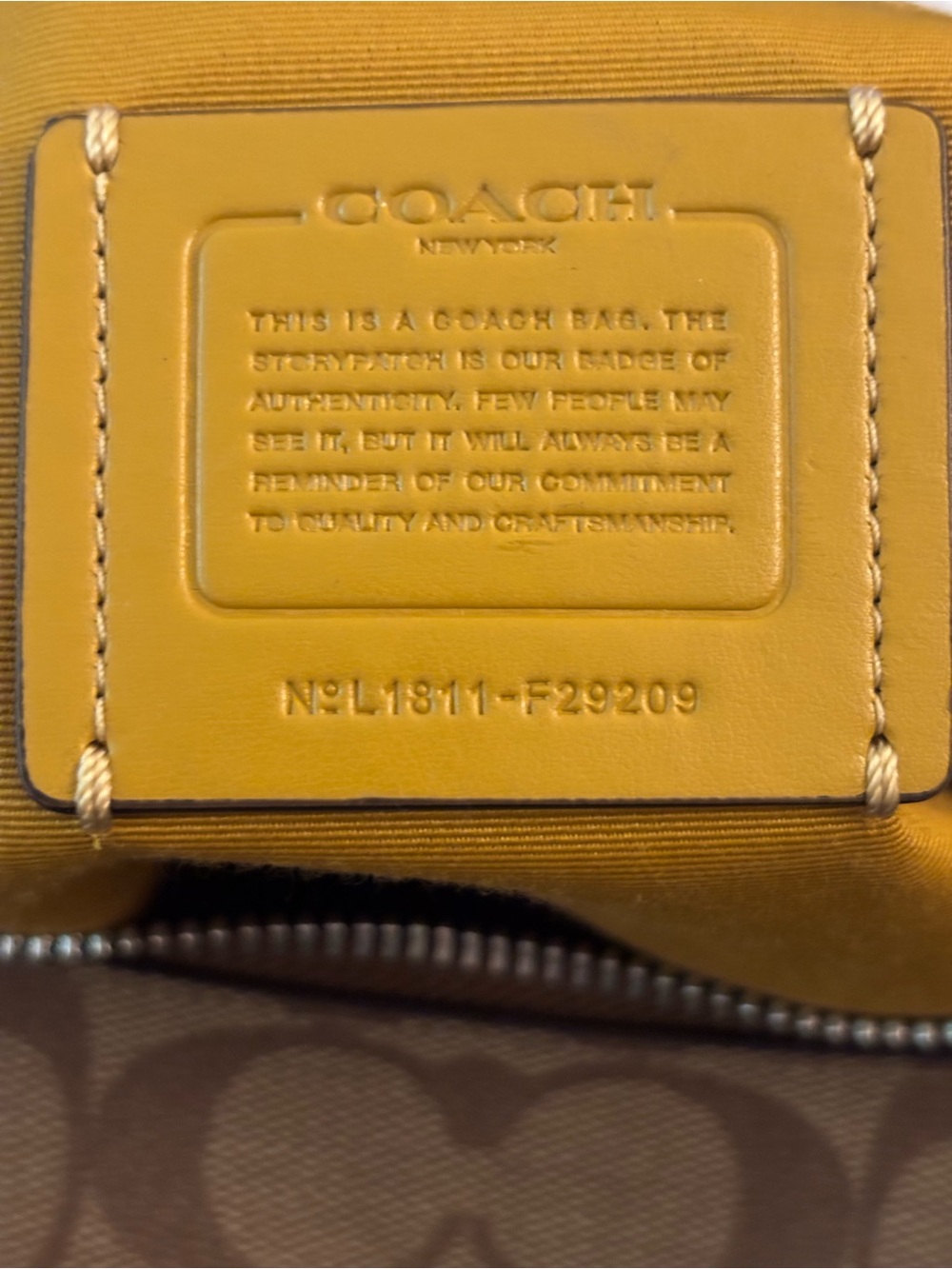 Coach Signature Canvas Leather Zip Shoulder Hobo Bag Tan Brown with Yellow Trim - Picture 6 of 11